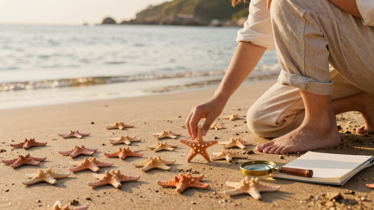 Person kneeling on sandy beach arranging starfish with a notebook and magnifying glass beside them.