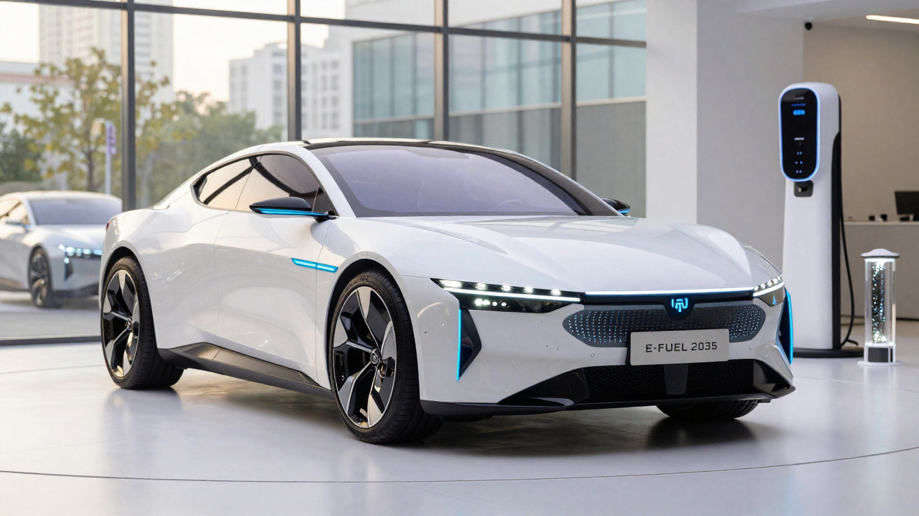 White futuristic electric sports car charging indoors with blue LED accents and large alloy wheels