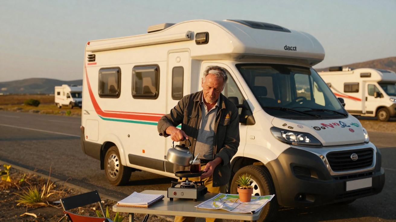 Elderly man pouring hot water into a cup outside a campervan at a roadside with maps on the table.