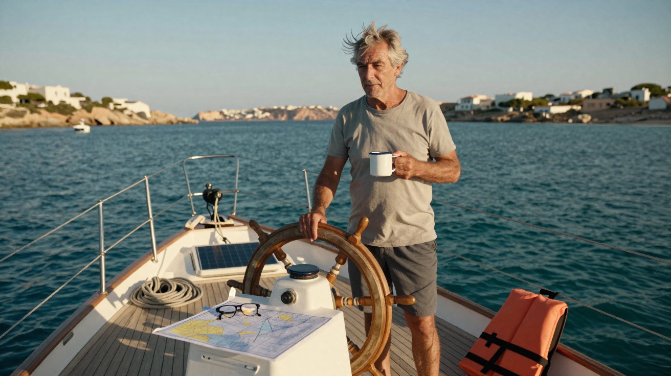Older man holding mug and steering boat with nautical map and glasses on deck, coastal houses in background