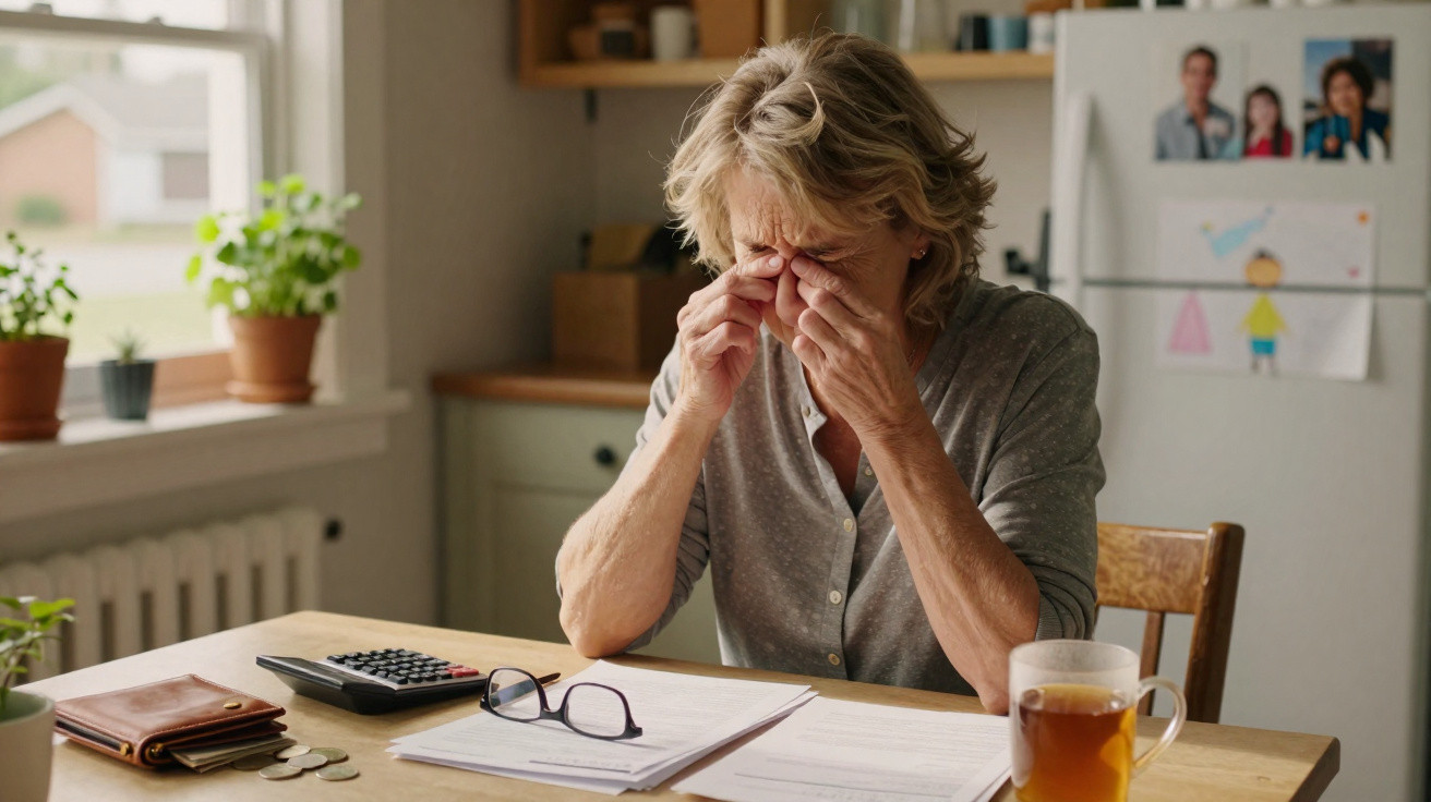 Older woman sitting at kitchen table, rubbing her eyes, surrounded by paperwork, a calculator, glasses, and a cup of tea.