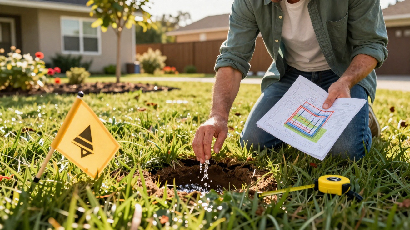 Person kneeling on lawn adding water to a small hole with surveying flag and measuring tape nearby