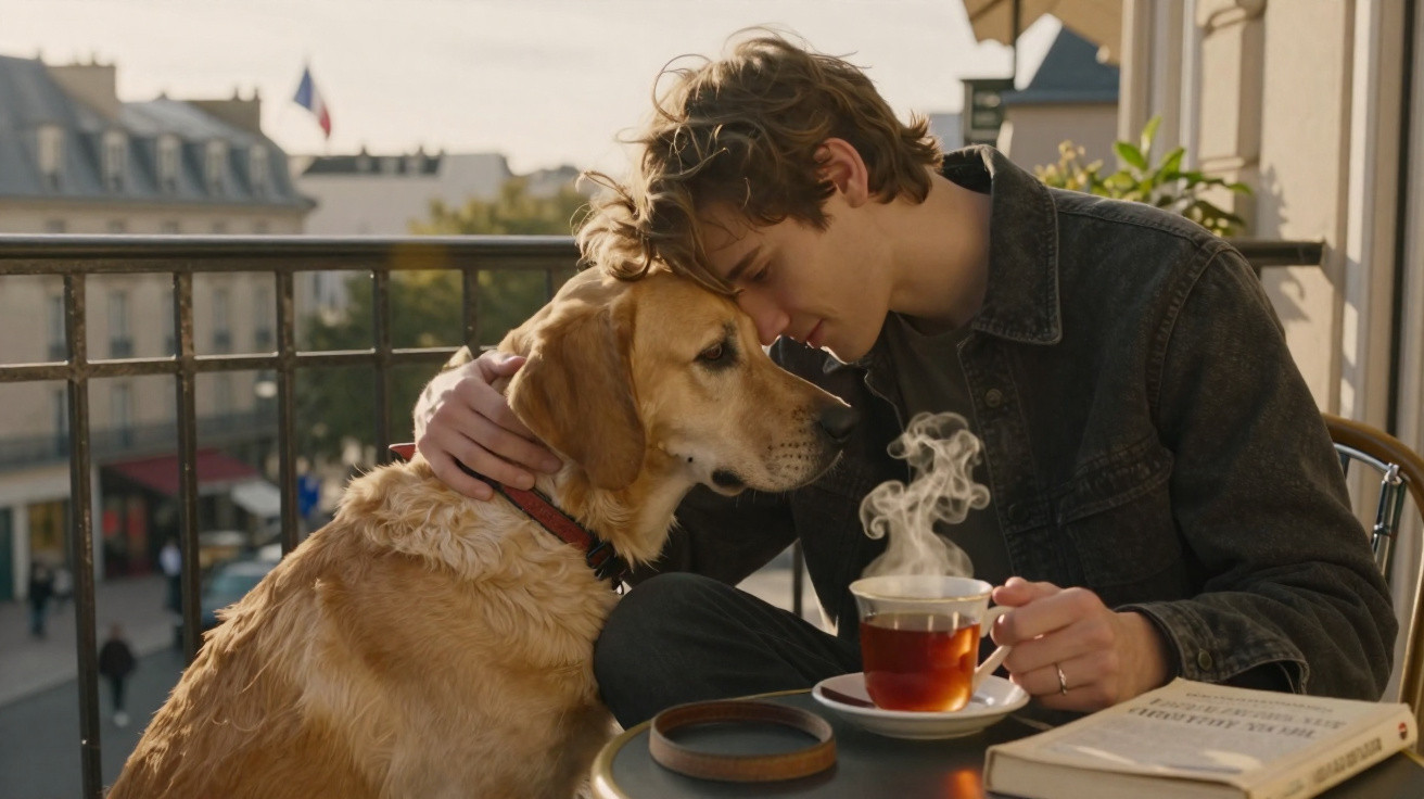 Young man gently resting forehead on golden retriever's head while holding a steaming cup of tea outdoors