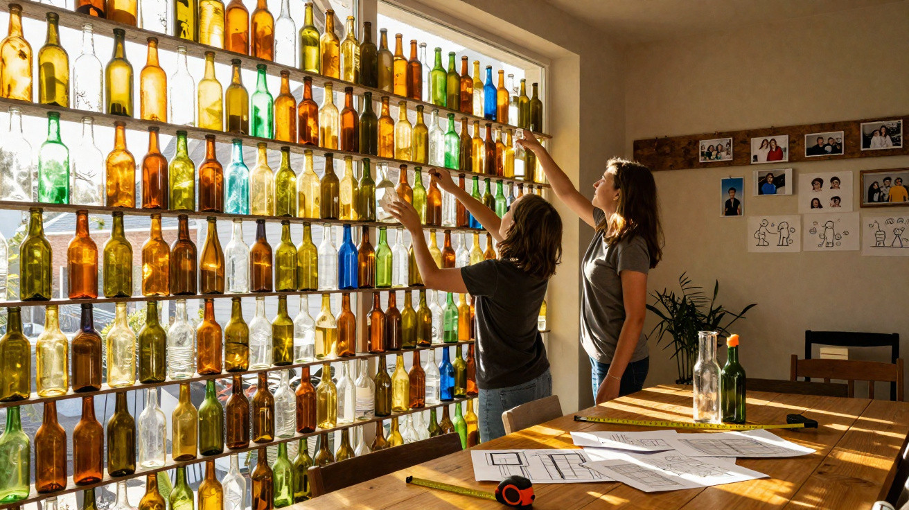 Two people arranging colourful glass bottles on a wall-mounted shelf in a sunlit room.