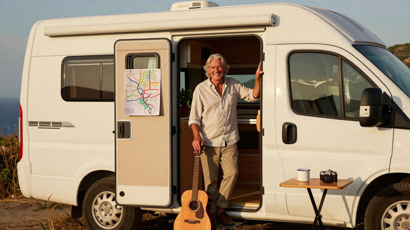 Older man standing in the doorway of a white camper van with a guitar and a map on the door.