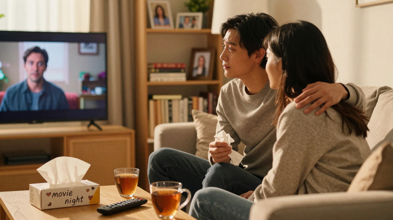 Couple sitting on a sofa watching an emotional movie with tissues and tea on the table in a cozy living room.