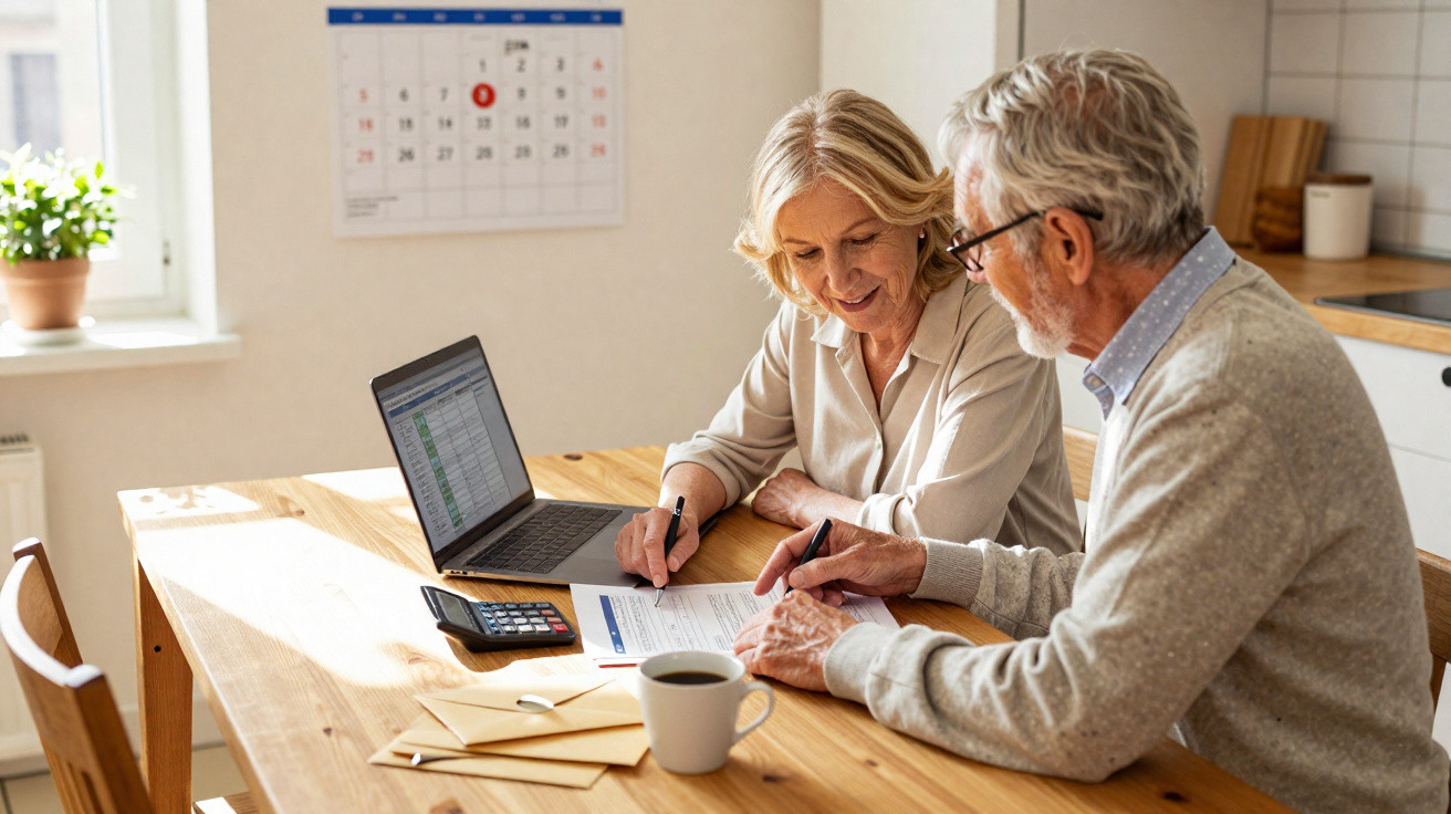 Elderly couple sitting at a wooden table reviewing documents with a laptop, calculator, coffee, and envelopes.