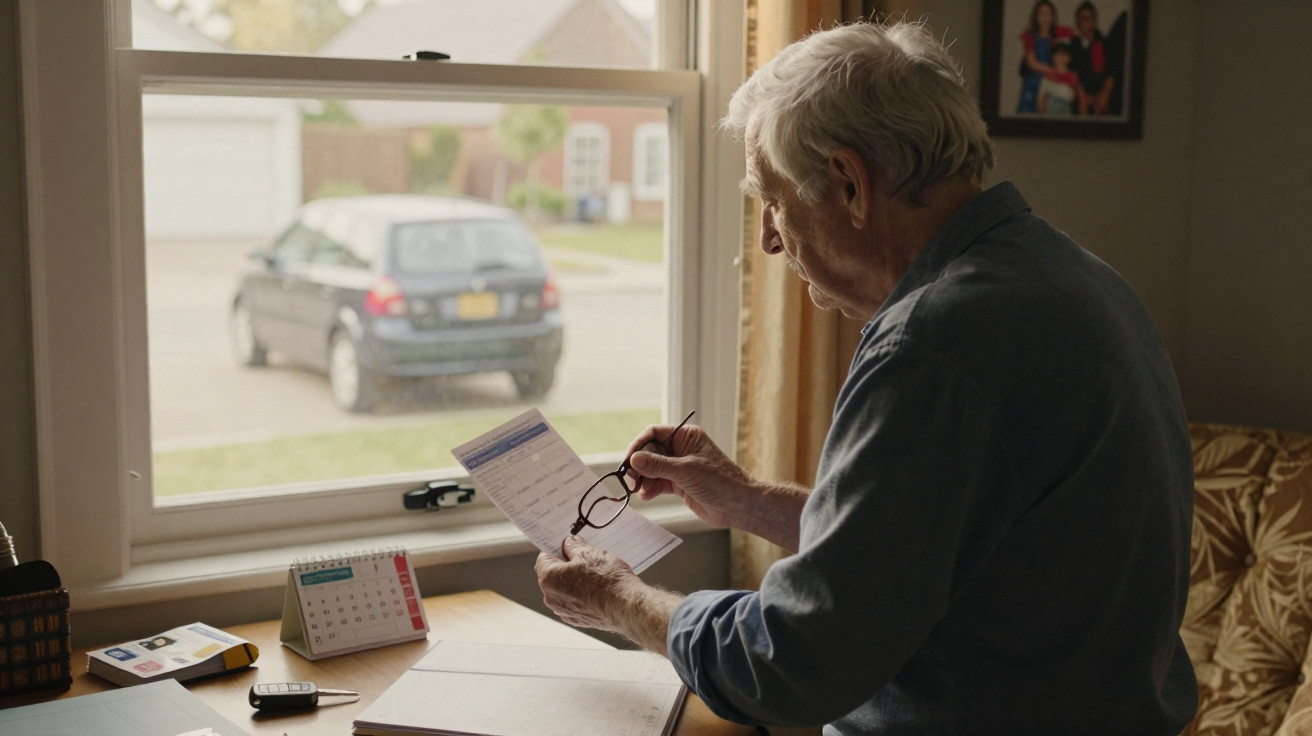 Elderly man sitting by a window reviewing a document with glasses in hand at a cluttered desk.