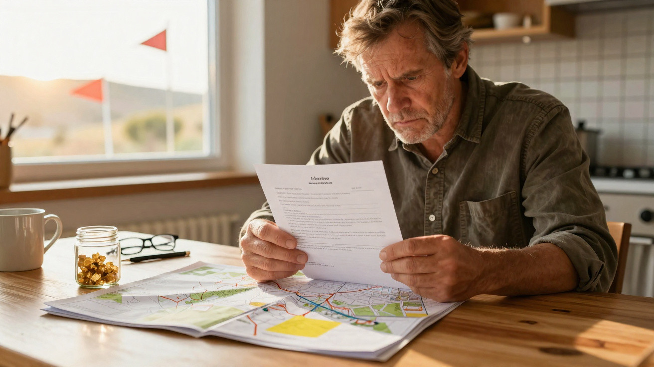 Middle-aged man sitting at a wooden table, reading a document with a map and glasses nearby in a bright room.