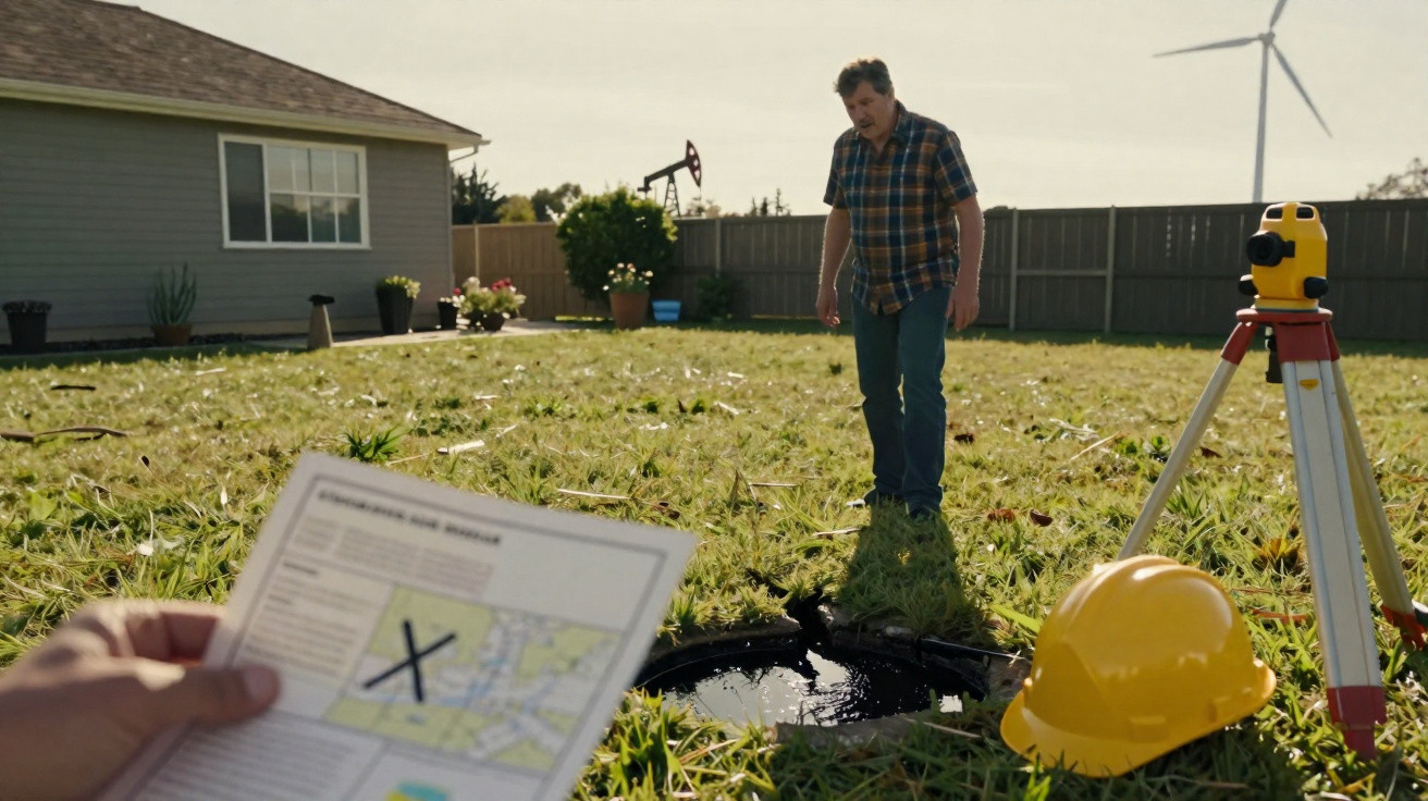 Man examining flooded hole in garden with construction helmet and surveying equipment nearby, holding a site plan.