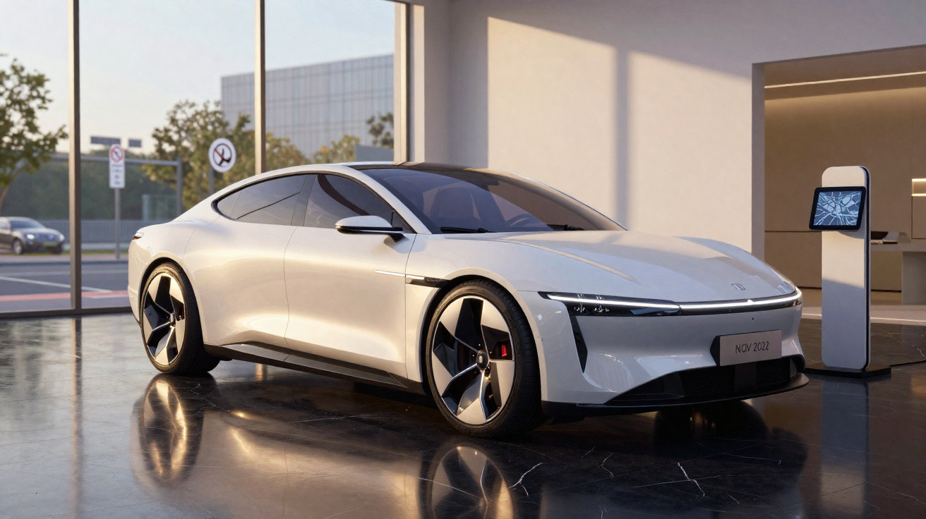 White sleek electric car with futuristic styling displayed indoors on a shiny floor near a charging station.
