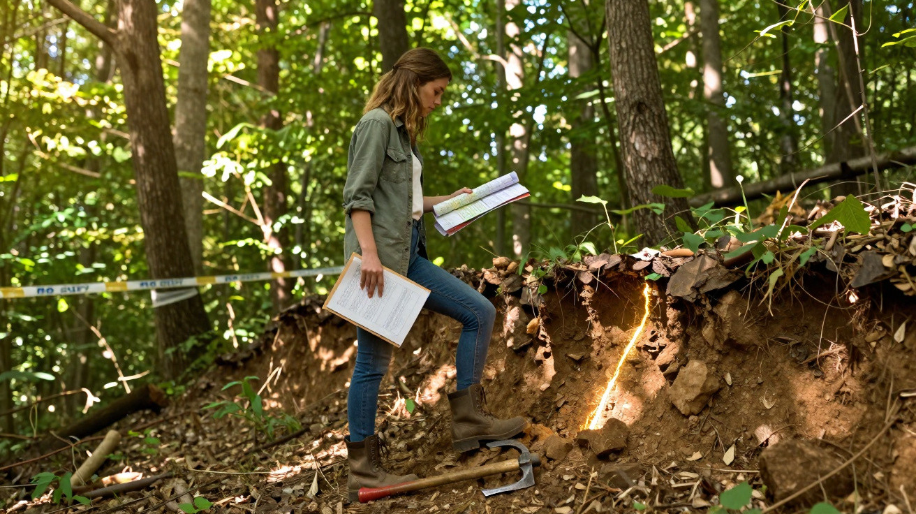 Woman examining soil layers in forest clearing with tools and notes nearby