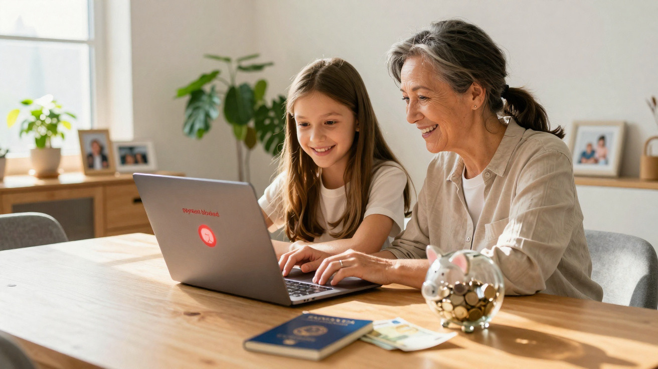 Grandmother and granddaughter smiling while using a laptop at a wooden table with a piggy bank and passports.