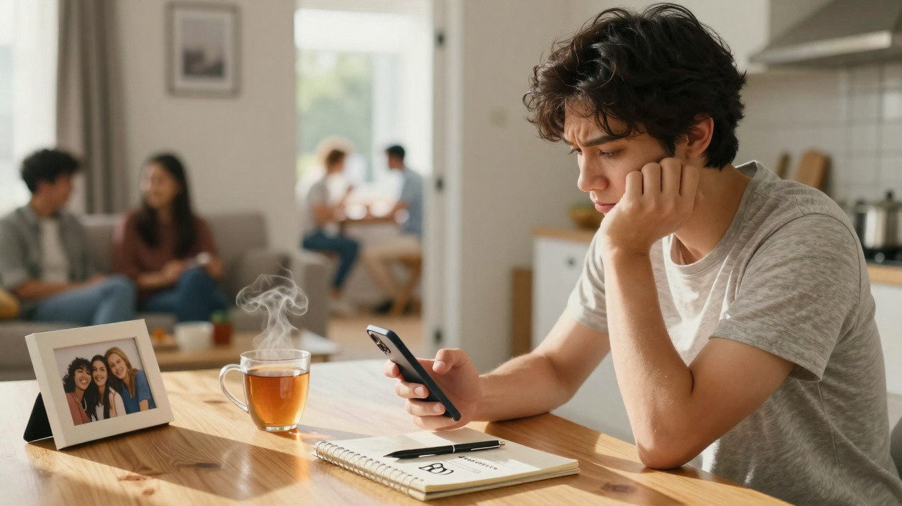Young man with curly hair looking at phone, sitting at kitchen table with tea, notebook, and framed photo.