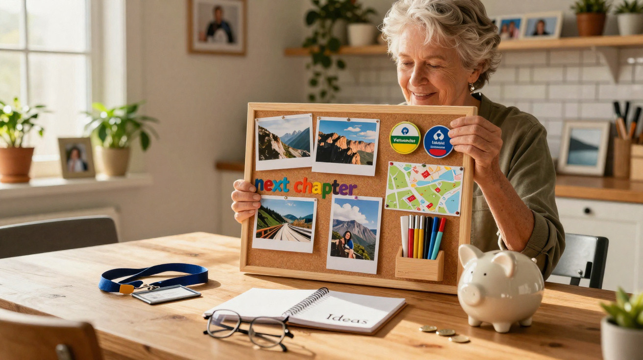Older woman holding a vision board titled "next chapter" with photos, pins, and a map at a wooden table.
