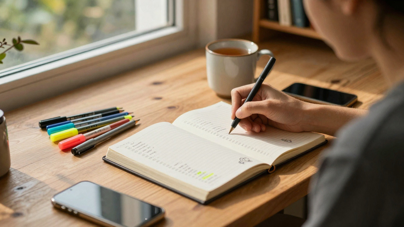 Person writing in an open notebook on a wooden desk near a window, with pens, a phone, and a cup of tea nearby.