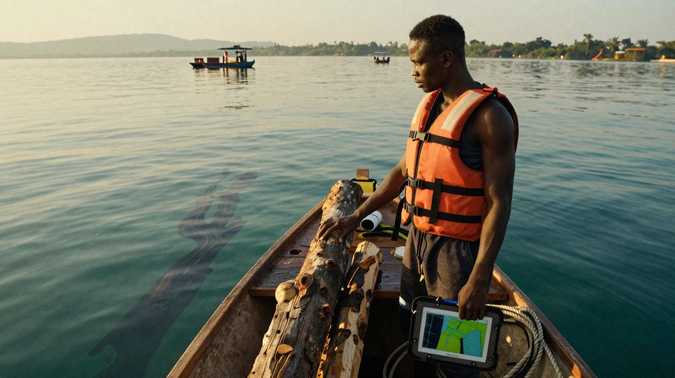 Man wearing an orange life jacket on a boat holding a tablet and handling wooden logs in calm water.