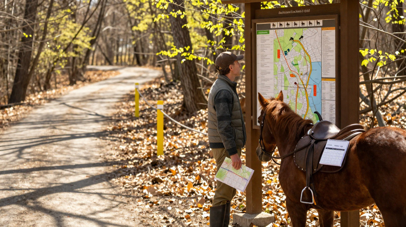 Man with horse reading a trail map on a wooded path covered in autumn leaves on a sunny day