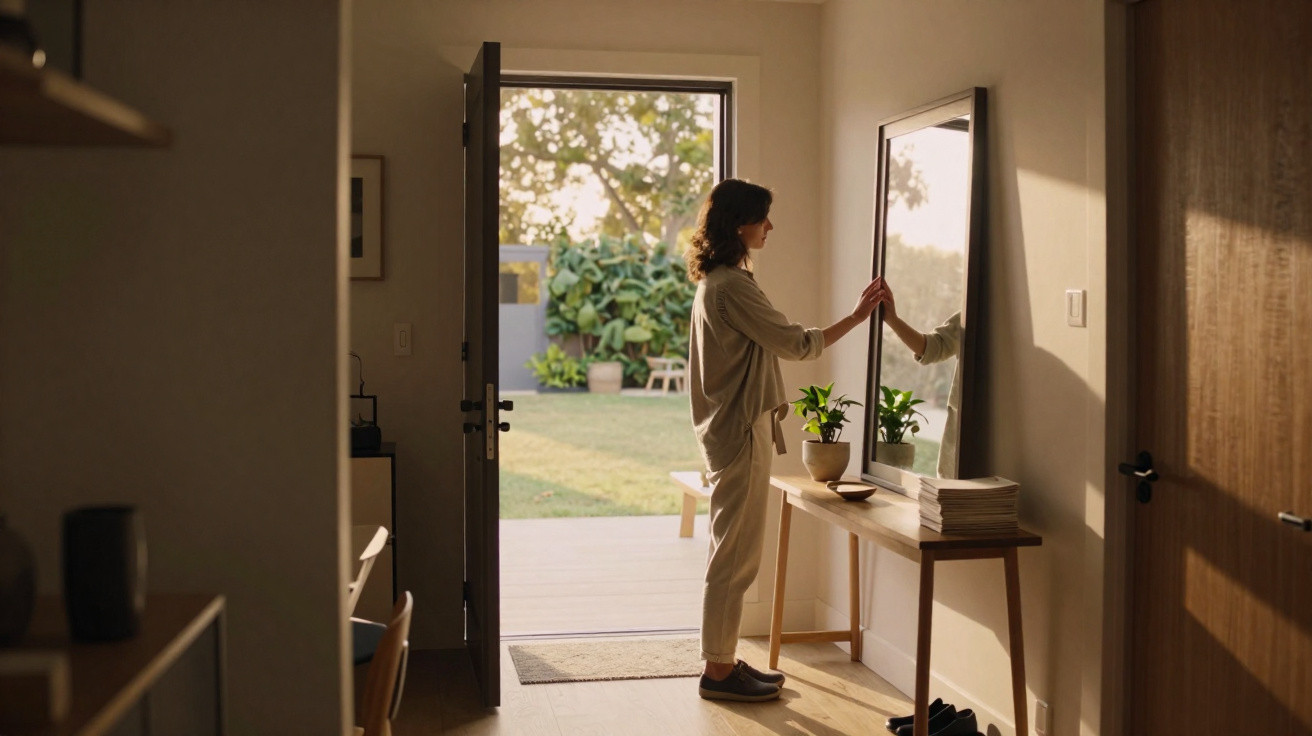 Woman adjusting a large mirror on a console table in a sunlit room with an open door to a garden.