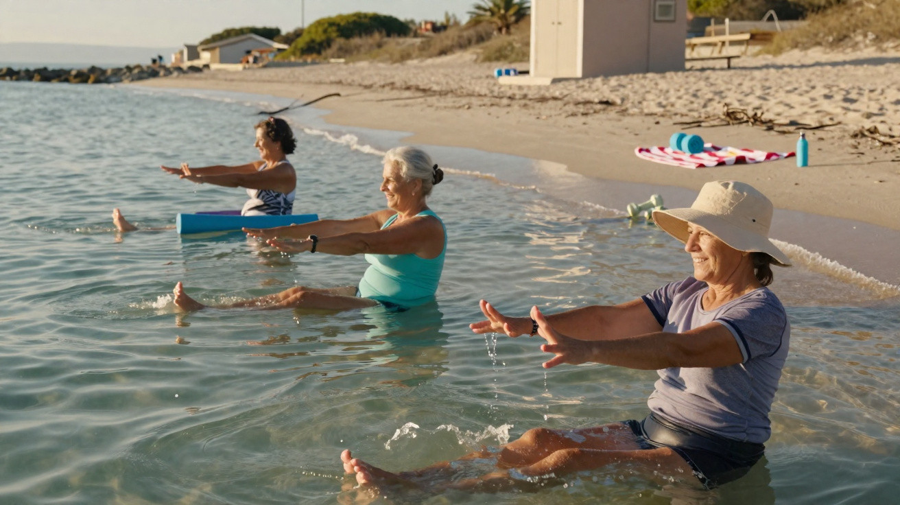 Three elderly women exercising in shallow sea water near a sandy beach on a sunny day.