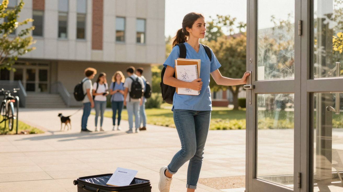 Female student with backpack and notebooks opening a glass door on a college campus with group in background