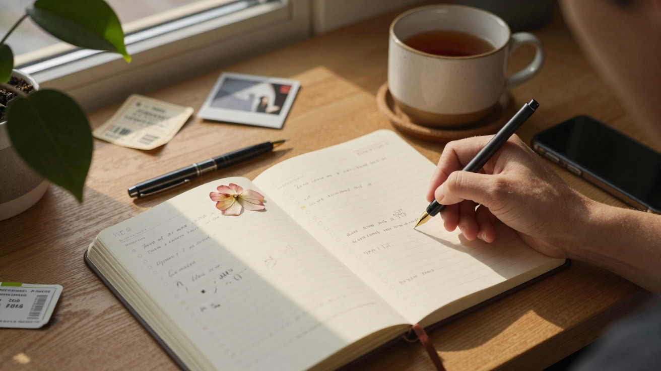 Hand writing in an open notebook on a wooden desk with a cup of tea, pen, phone, and plant nearby.