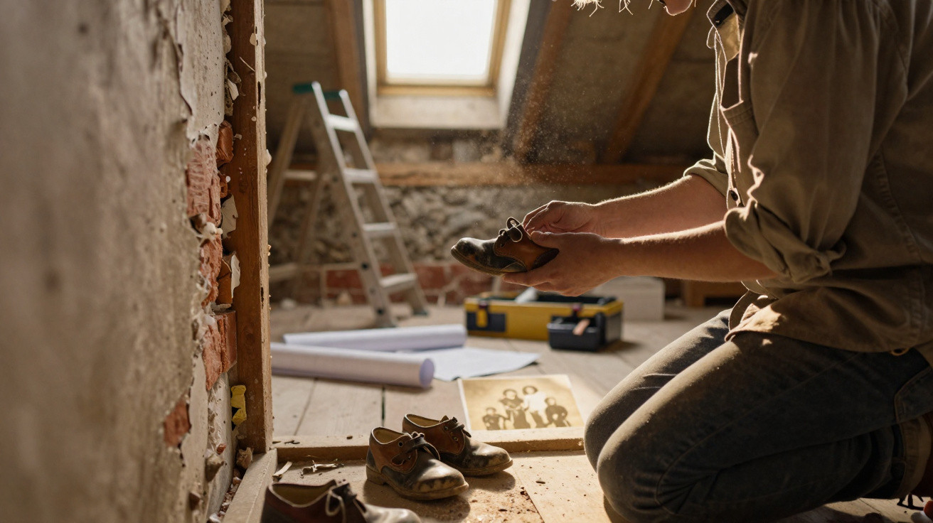 Person holding a small vintage leather shoe in a dusty attic with more shoes and tools nearby.