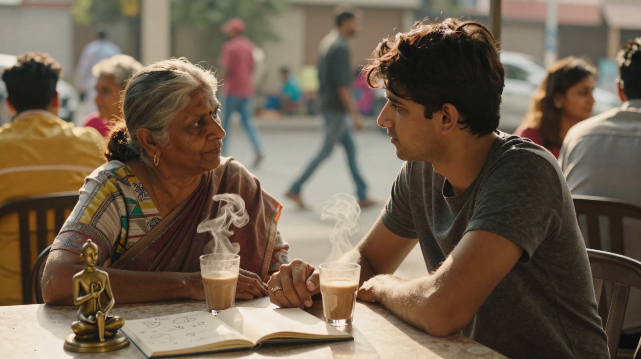 Elderly woman and young man sitting at a table with steaming chai and an open book, engaged in conversation.