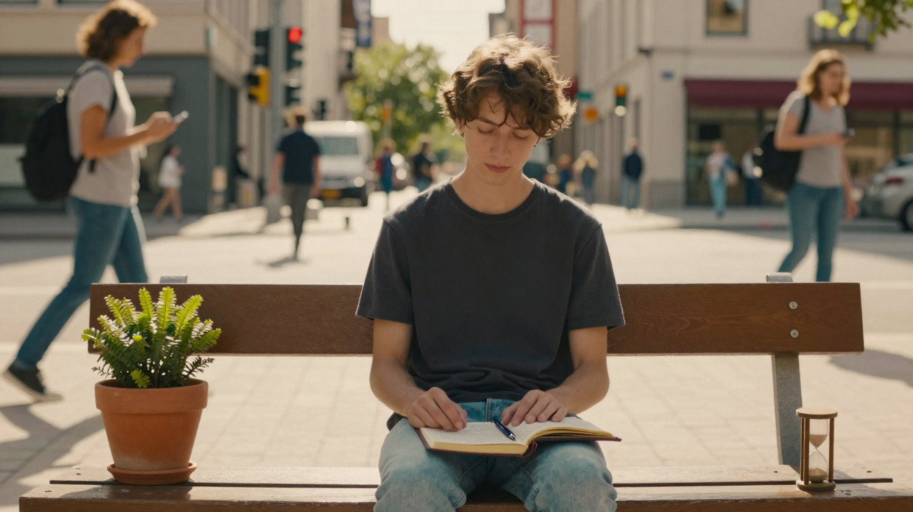 Teenage boy reading a book while sitting on a bench in a sunny urban street with people walking past.