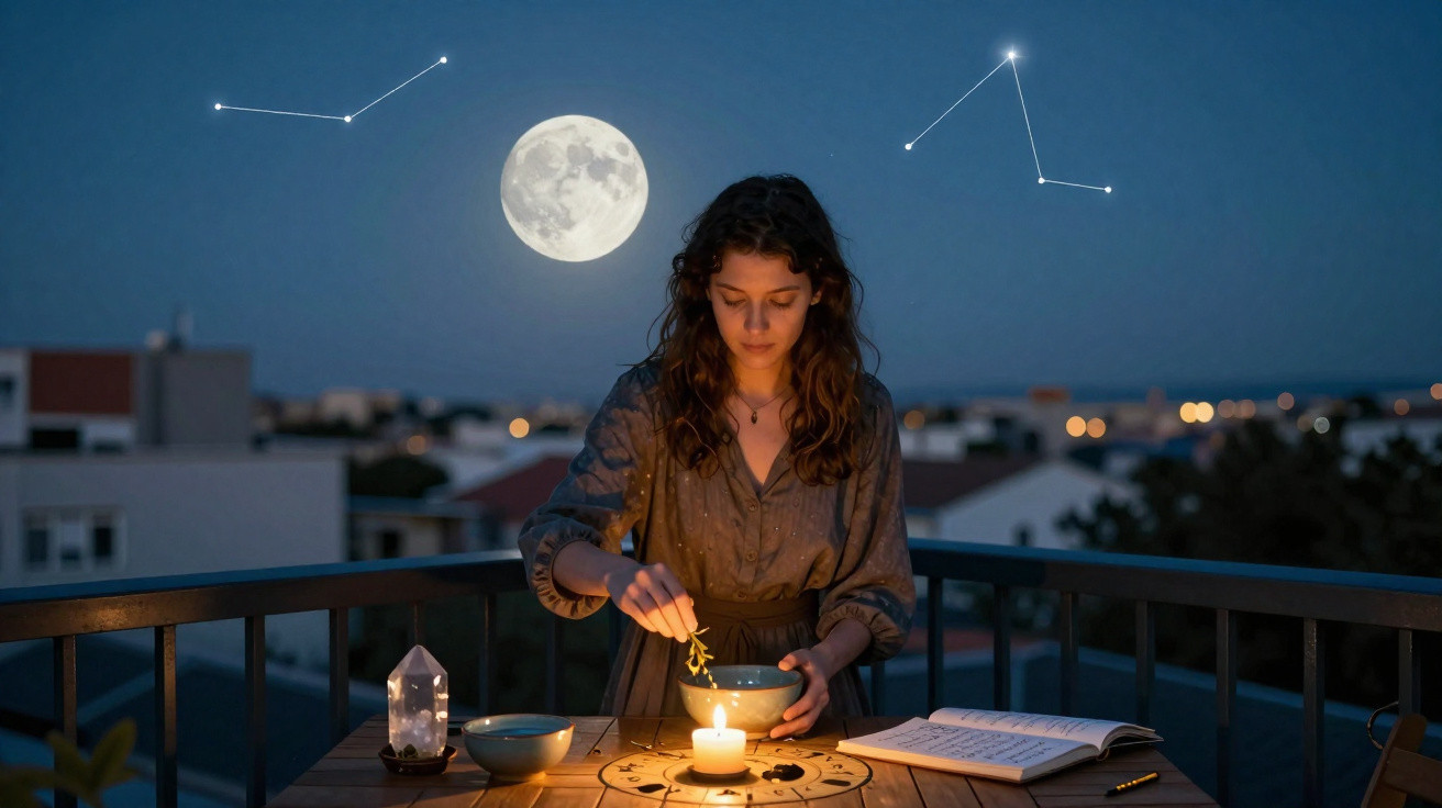 Woman performing a ritual with candles and crystals under a full moon and star constellations on a balcony at night.