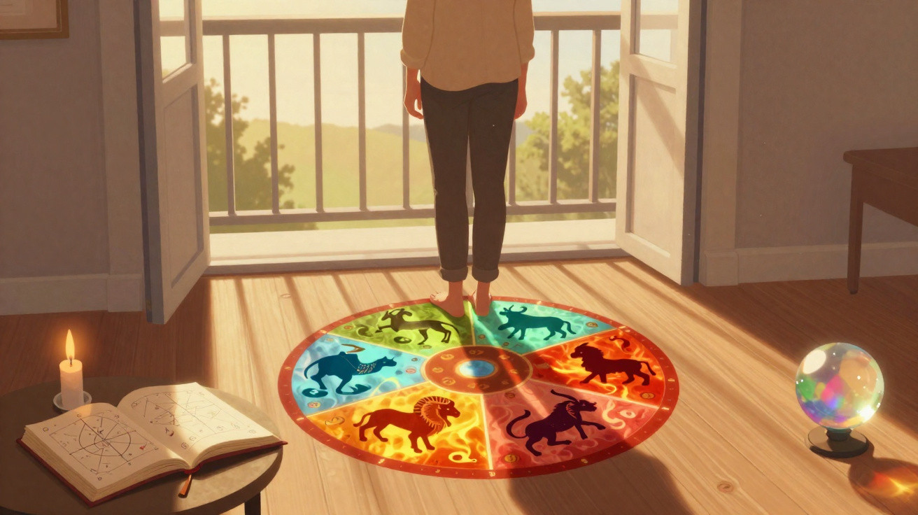 Person standing barefoot on a colourful zodiac wheel projection in a sunlit room with an open book and crystal ball nearby.