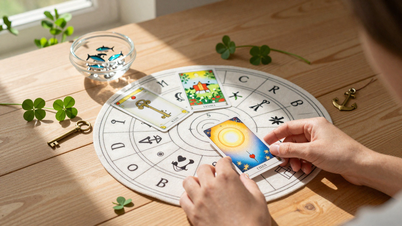 Person holding tarot cards over zodiac chart on wooden table with clovers and key charms nearby