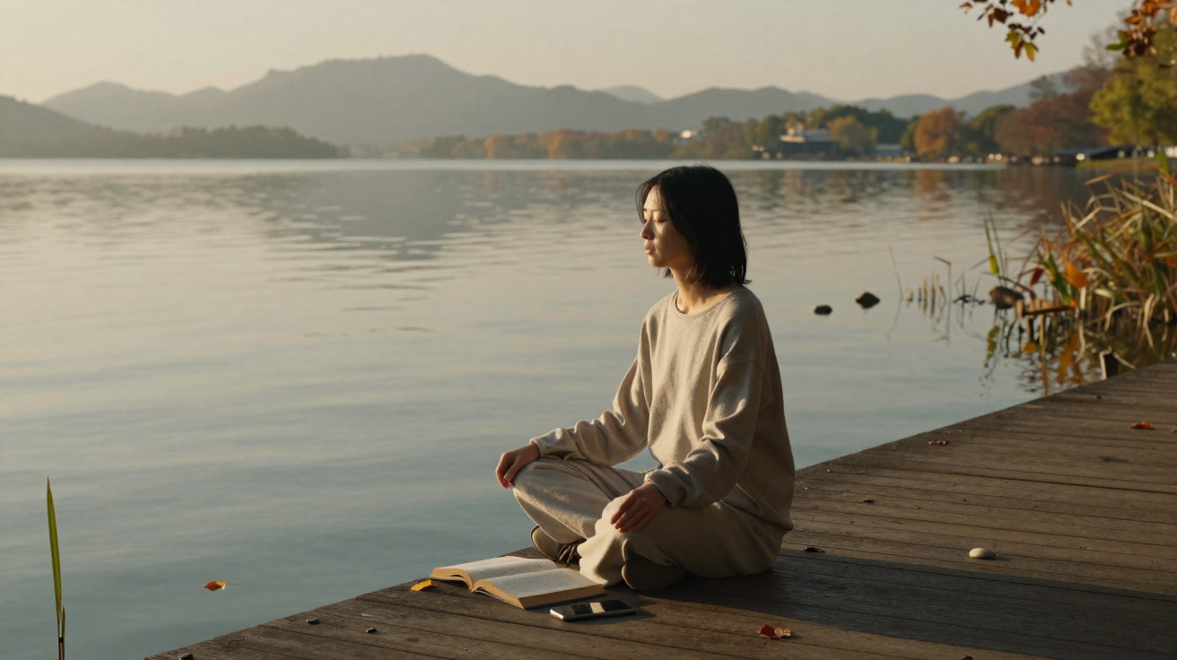 Woman meditating on a wooden dock by a calm lake with mountains in the background during sunset.