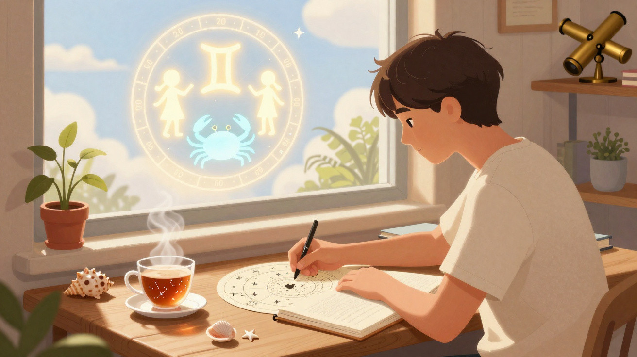 Young person studying astrology at a desk with zodiac symbols glowing on a window.