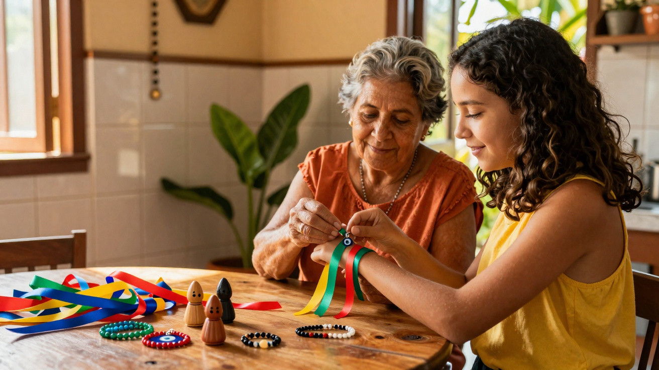 Grandmother and granddaughter making colourful ribbon bracelets together at a wooden table indoors.