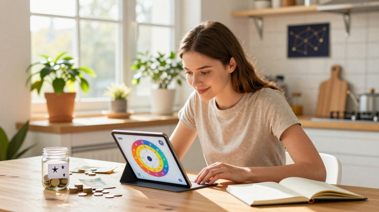 Young woman using tablet at table with money jars and open notebook in bright kitchen.
