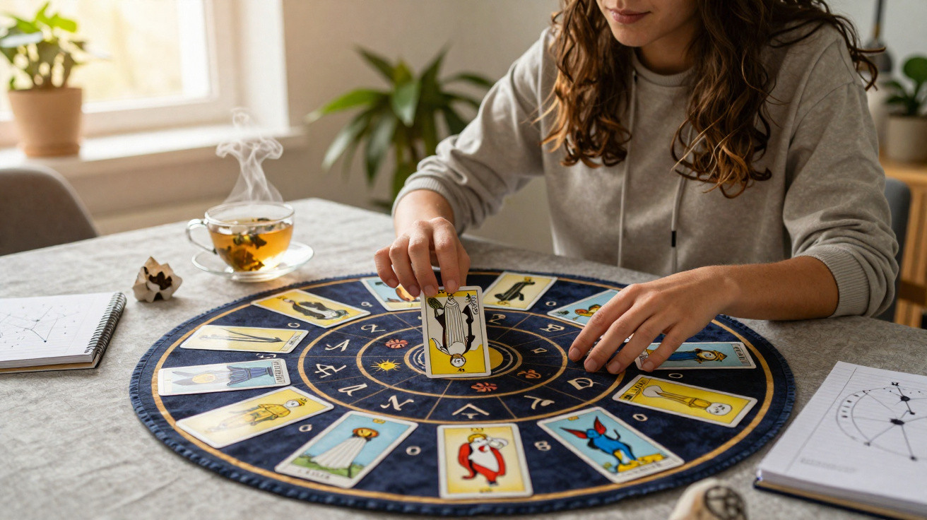 Woman laying out tarot cards on a circular zodiac mat with a steaming cup of tea nearby.