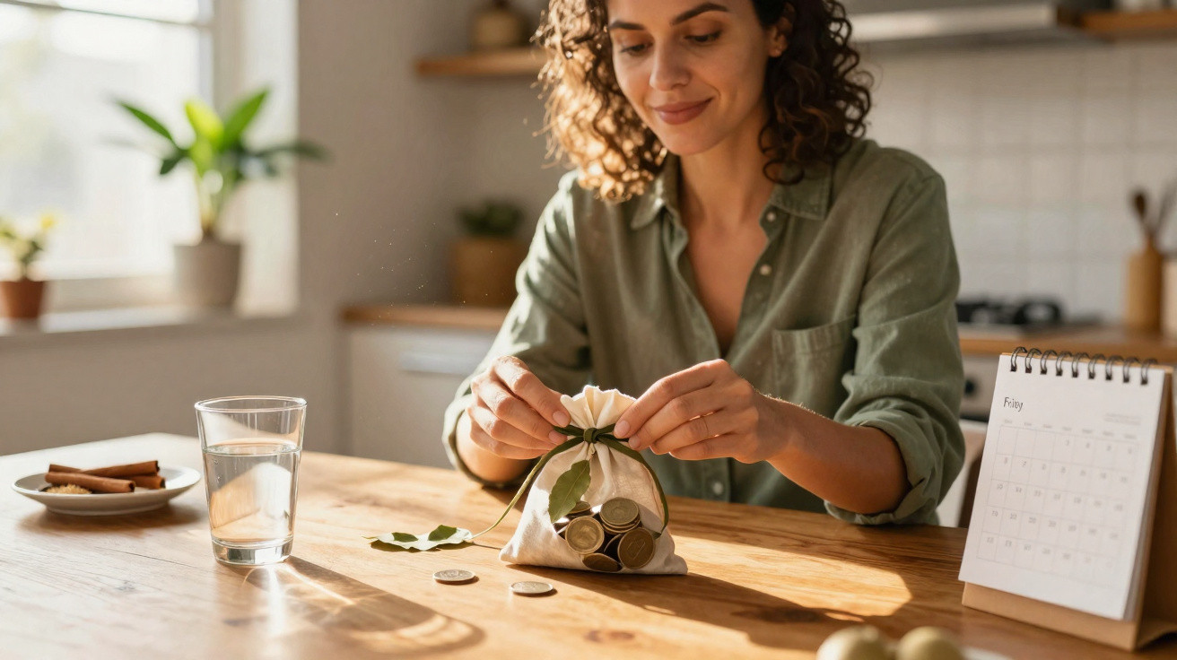 Woman tying a small cloth bag filled with coins on a wooden table in a sunlit kitchen.