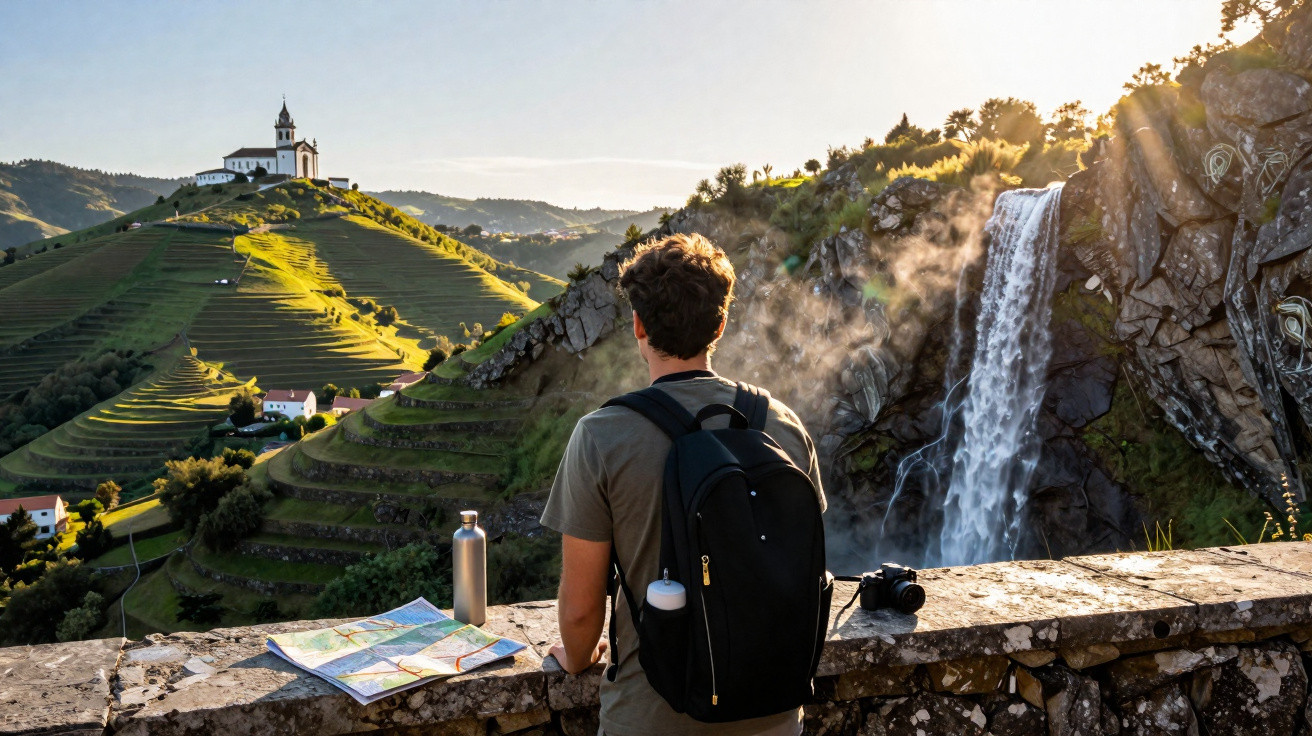 Young man with backpack looks at terraced vineyard hills with a church and waterfall in the golden hour sunlight.