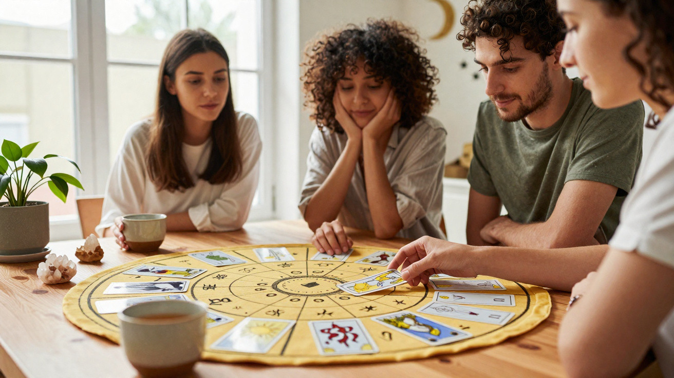 Four people gathered around a table playing tarot cards on a circular yellow cloth with zodiac symbols.