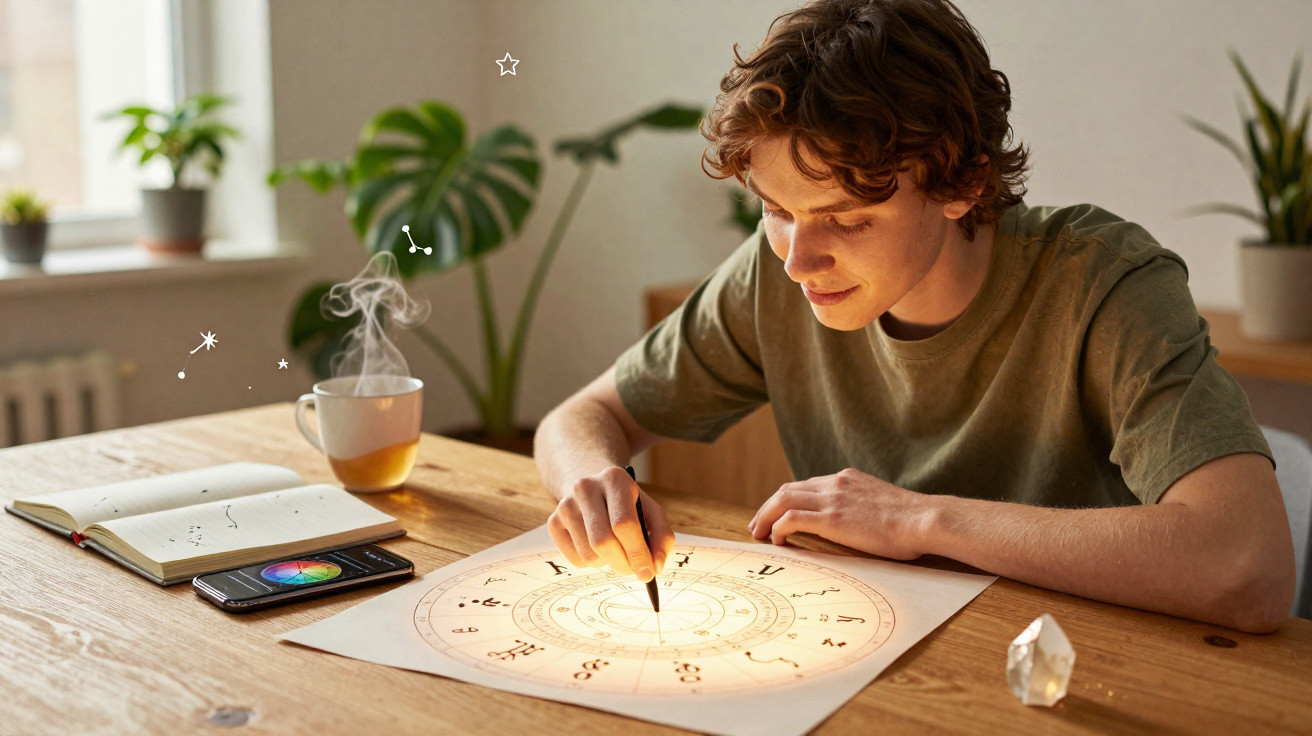 Young man studying an illuminated zodiac chart at a wooden table with a steaming cup of tea nearby.
