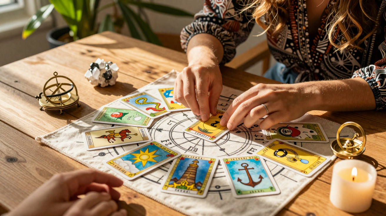 Hands placing tarot cards in a circle on a wooden table with a candle and decorative items nearby.