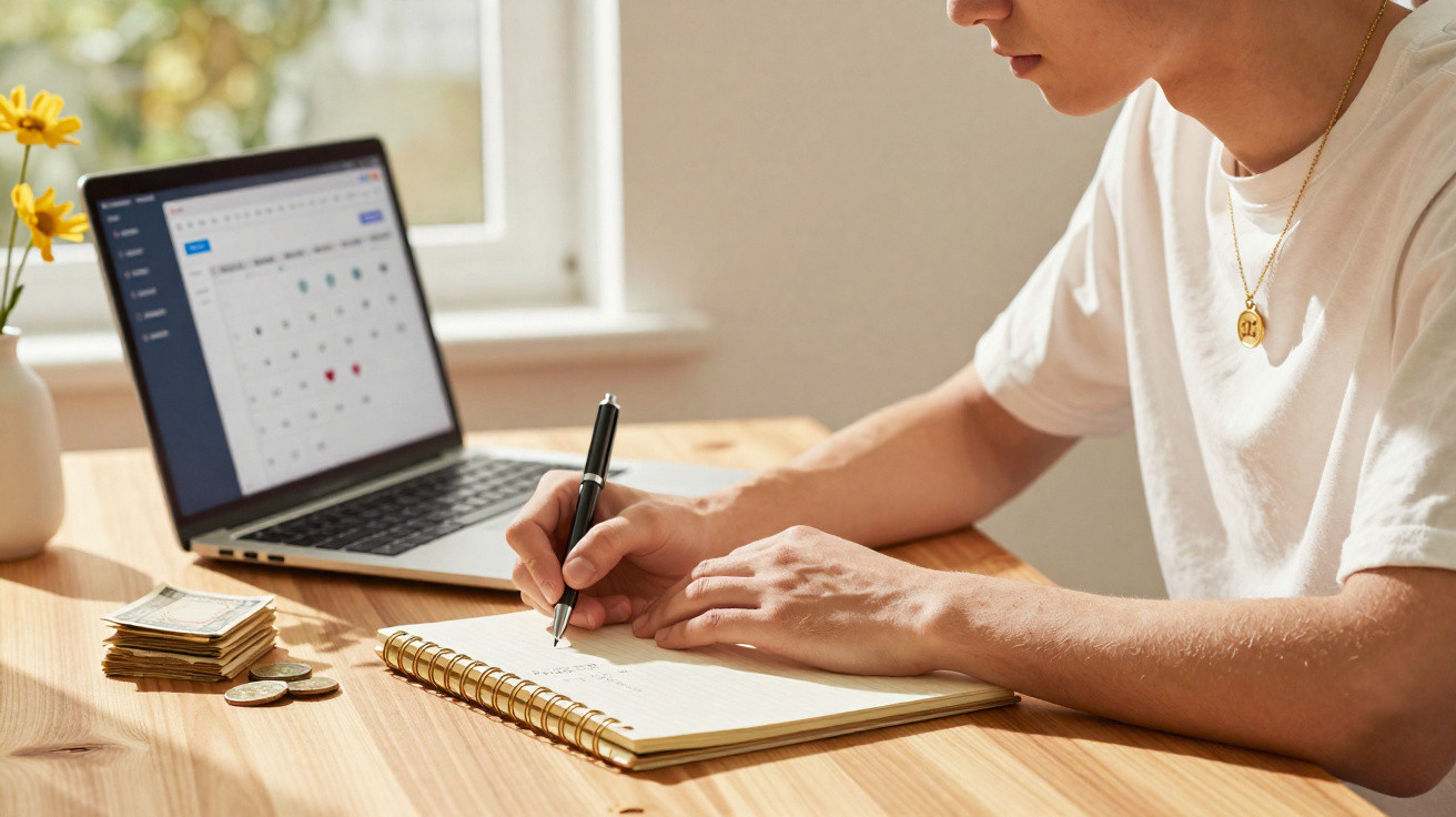 Person writing in a notebook next to a laptop showing a calendar, with coins and cash on a wooden table.
