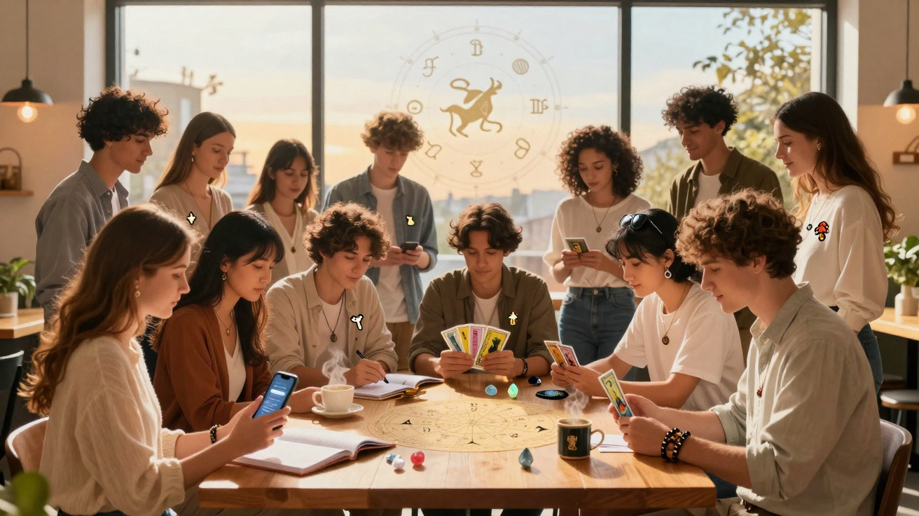 Group of young people gathered around a table playing a card game with a zodiac chart in the background.