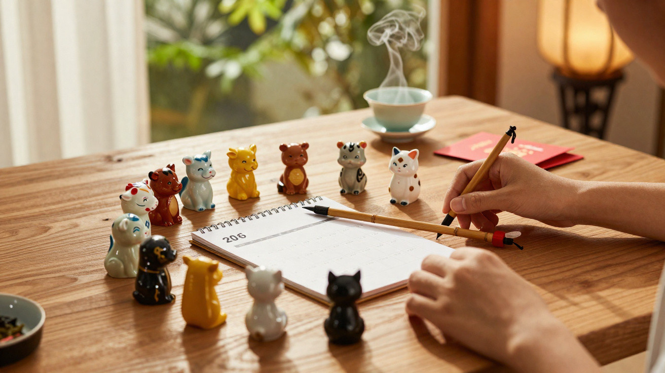 Person writing in a planner on a wooden table surrounded by colourful animal figurines and a steaming cup of tea.