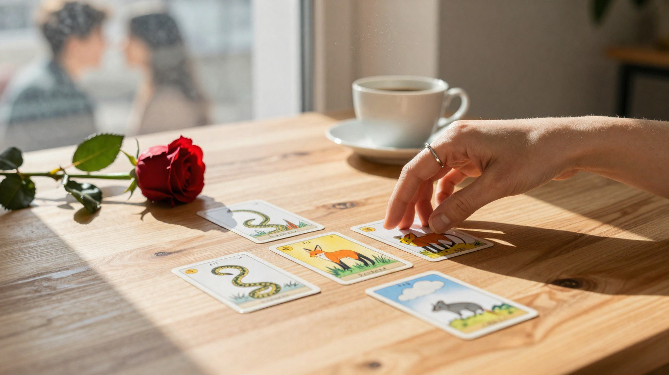 Hand with rings arranging animal-themed tarot cards on a wooden table with a red rose and coffee cup nearby.