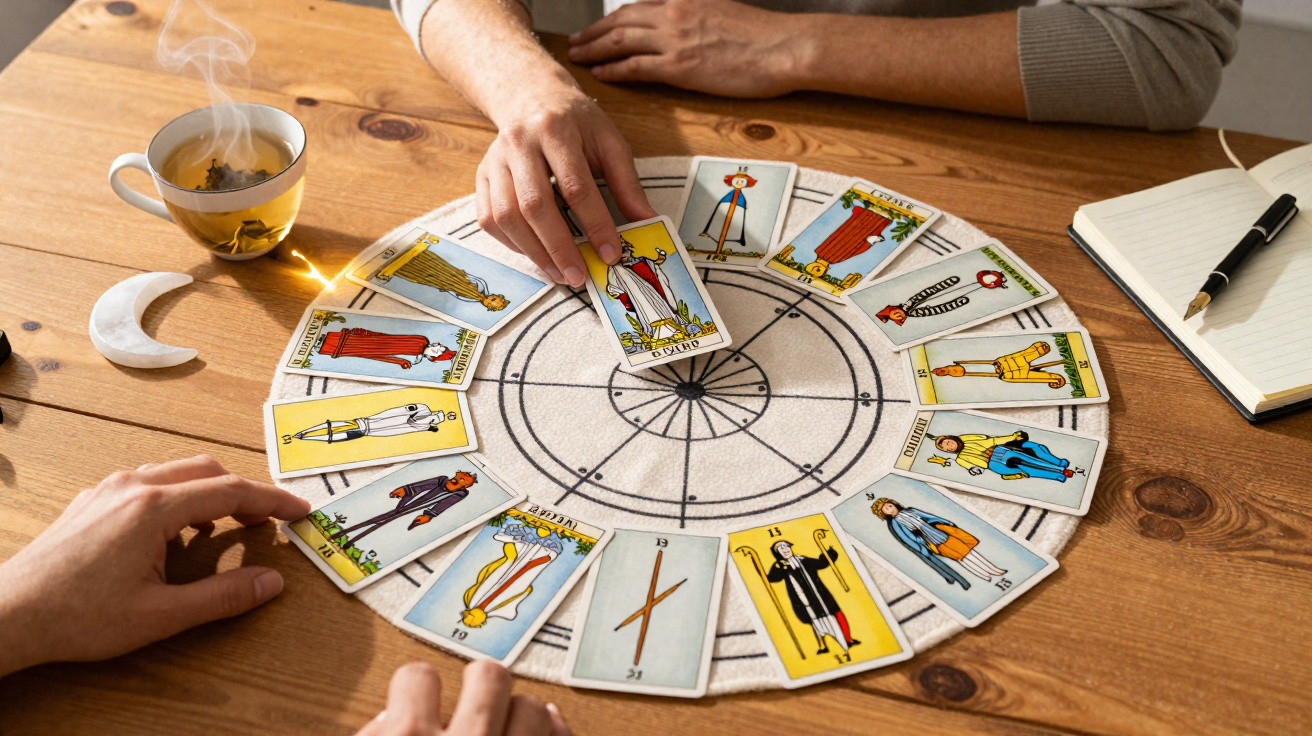 Two people are engaged in a tarot card reading with cards arranged in a circle on a wooden table.
