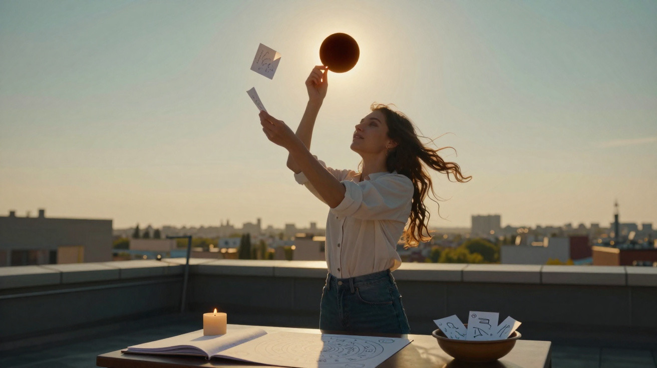 Woman holding a black sphere and tarot cards on a rooftop at sunset with a lit candle and bowl of cards on the table.