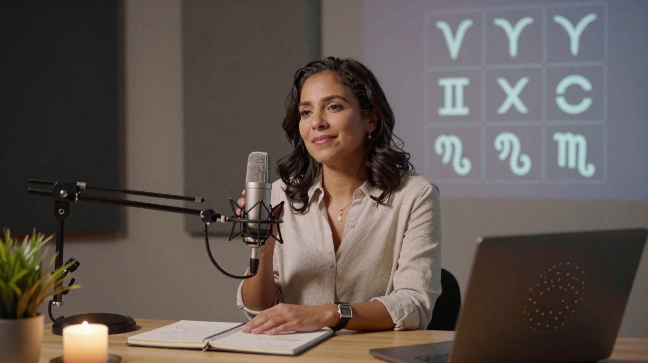 Woman sitting at a desk with a microphone, notebook, laptop, and astrology symbols projected on a screen behind her.