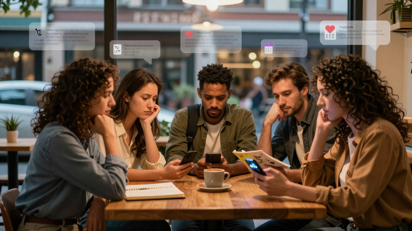 Group of young adults sitting at a table in a cafe, focused on their smartphones and a notebook.